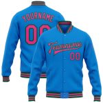 Personalized Electric Blue Pink Kelly Green Varsity Letterman Bomber Full-Snap Jacket Personalized Electric Blue Pink-Kelly