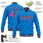 Personalized Electric Blue Pink Kelly Green Varsity Letterman Bomber Full-Snap Jacket Personalized Electric Blue Pink-Kelly