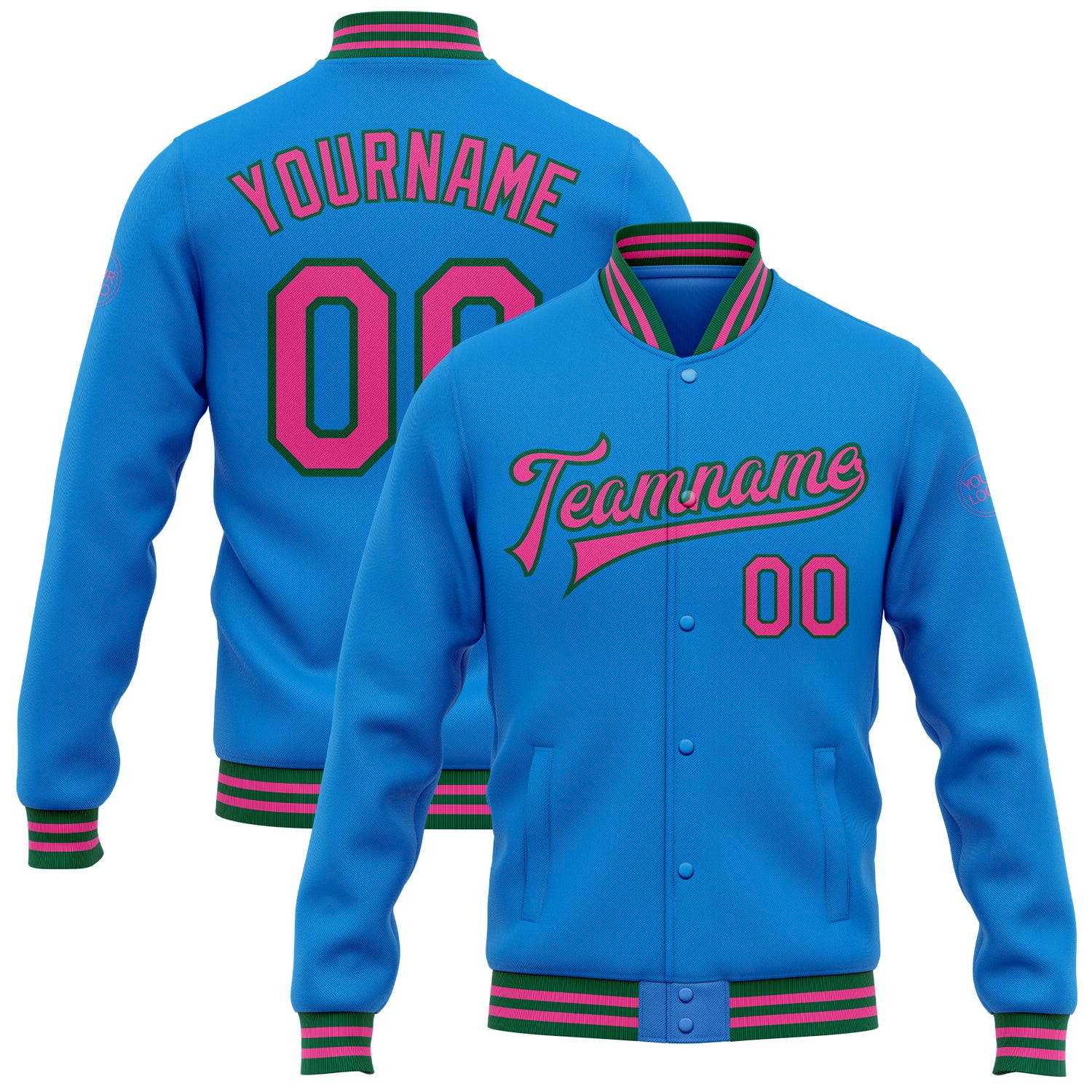 Custom Personalized Varsity Letterman Jacket with Name and Number - Electric Blue Pink Kelly Green Bomber Full-Snap Style