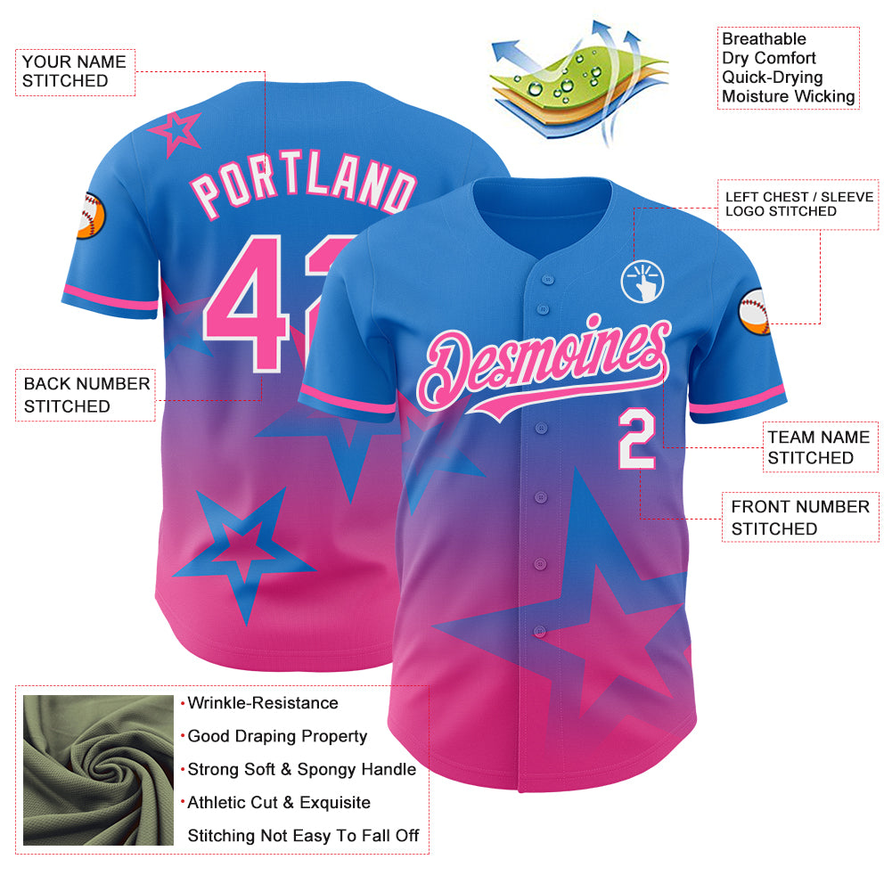Customized Twinkle Star 3D Gradient Baseball Jersey in Electric Blue Pink-White Personalized Electric Blue Pink-White 3D - Image 3