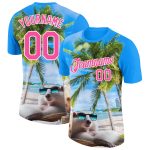 Electric Blue Pink-White 3D Hawaii Palm Trees Summer Beach T-Shirt - Personalized Performance Tee Personalized Electric Blue