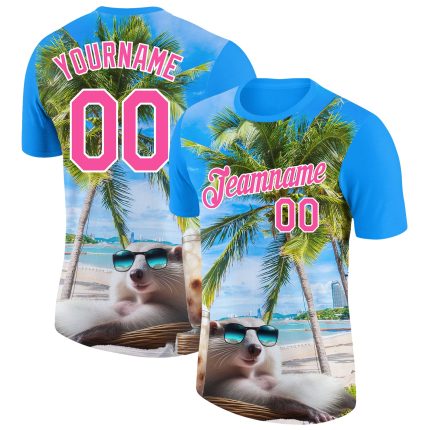 Electric Blue Pink-White 3D Hawaii Palm Trees Summer Beach T-Shirt - Personalized Performance Tee Personalized Electric Blue