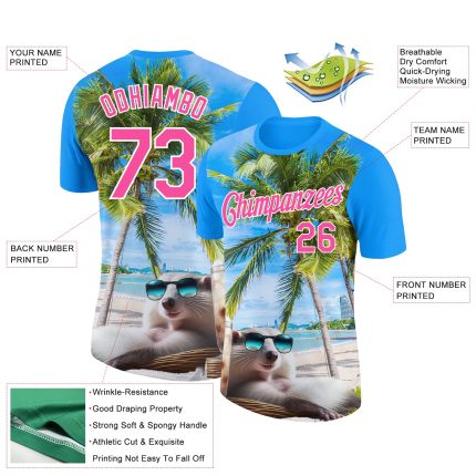 Electric Blue Pink-White 3D Hawaii Palm Trees Summer Beach T-Shirt - Personalized Performance Tee Personalized Electric Blue