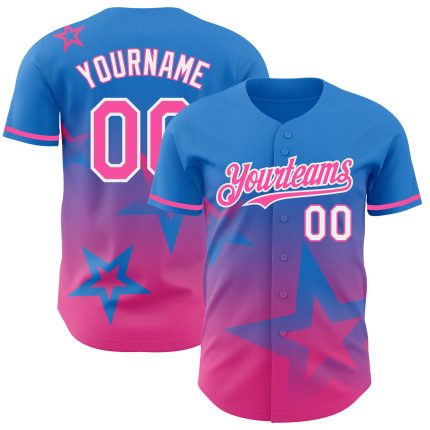 Custom Name & Number Personalized Twinkle Star 3D Pattern Baseball Jersey - Electric Blue Pink-White Gradient Style Personalized