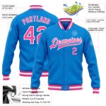 Electric Blue Pink White Personalized Varsity Letterman Bomber Jacket - Full Snap Personalized Electric Blue Pink-White Bomber