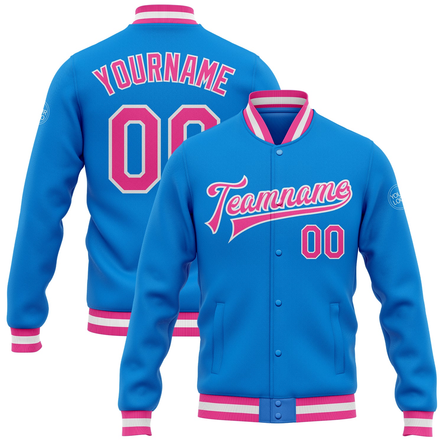Custom Team Name Number Electric Blue Pink White Bomber Varsity Jacket Full-Snap Personalized Letterman Style Personalized
