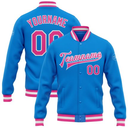 Electric Blue Pink White Personalized Varsity Letterman Bomber Jacket - Full Snap Personalized Electric Blue Pink-White Bomber