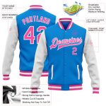 Electric Blue Pink White Personalized Varsity Letterman Bomber Jacket Full-Snap Two Tone Personalized Electric Blue Pink-White