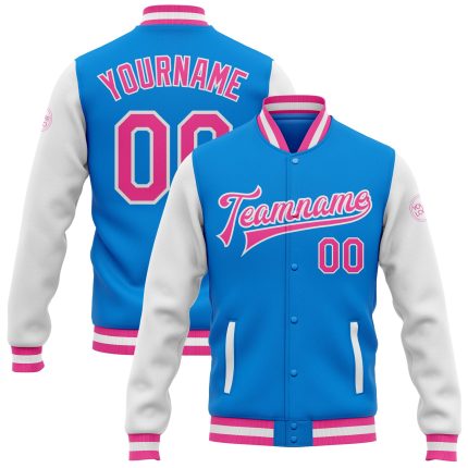 Electric Blue Pink White Personalized Varsity Letterman Bomber Jacket Full-Snap Two Tone Personalized Electric Blue Pink-White