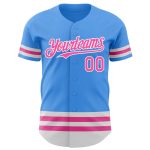 Personalized Electric Blue Baseball Jersey with Pink-White Stripes Personalized Electric Blue Pink-White Line Baseball Jersey