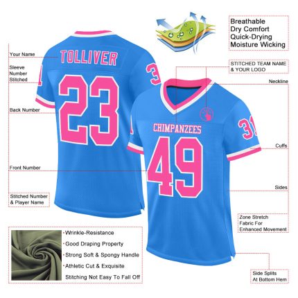 Custom Electric Blue Pink White Football Jersey with Personalized Name and Number - Authentic Throwback Design Personalized