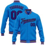 Electric Blue Purple-Black Personalized Varsity Letterman Bomber Jacket, Full-Snap Design Personalized Electric Blue Purple-Black