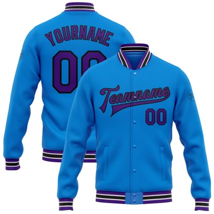 Electric Blue Purple-Black Personalized Varsity Letterman Bomber Jacket, Full-Snap Design Personalized Electric Blue Purple-Black