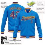 Personalized Electric Blue Purple Gold Varsity Letterman Jacket Full-Snap Bomber Personalized Electric Blue Purple-Gold Bomber