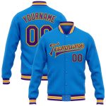 Personalized Electric Blue Purple Gold Varsity Letterman Jacket Full-Snap Bomber Personalized Electric Blue Purple-Gold Bomber