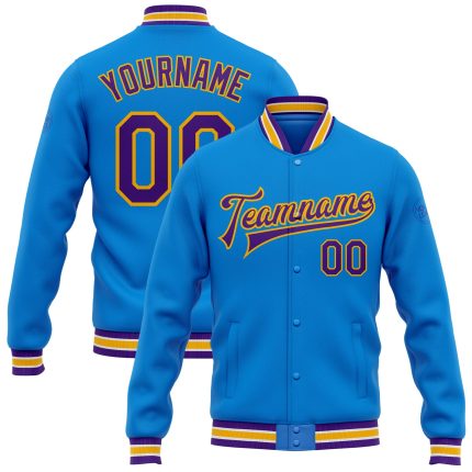 Personalized Electric Blue Purple Gold Varsity Letterman Jacket Full-Snap Bomber Personalized Electric Blue Purple-Gold Bomber