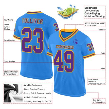 Personalized Electric Blue Purple Gold Football Jersey - Throwback Style Personalized Electric Blue Purple-Gold Mesh Throwback