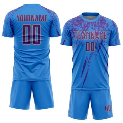 Personalized Electric Blue and Purple Sublimation Soccer Jersey - Old Gold Uniform Personalized Electric Blue Purple-Old