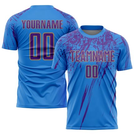 Personalized Electric Blue and Purple Sublimation Soccer Jersey - Old Gold Uniform Personalized Electric Blue Purple-Old
