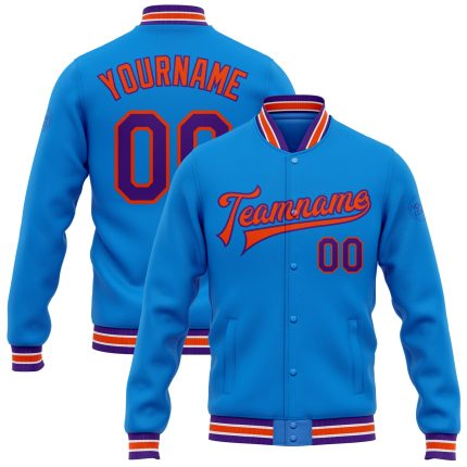 Electric Blue Purple Orange Personalized Letterman Varsity Bomber Full-Snap Jacket Personalized Electric Blue Purple-Orange