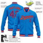 Custom Team Bomber Jacket with Electric Blue Purple-Orange Color, Personalized Name and Number, Full-Snap Varsity Style Personalized