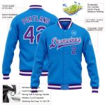 Electric Blue Purple White Personalized Varsity Letterman Bomber Full-Snap Jacket Personalized Electric Blue Purple-White