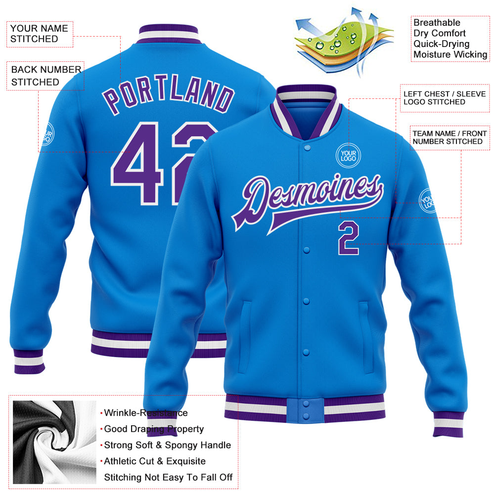Electric Blue Purple White Personalized Varsity Letterman Bomber Full-Snap Jacket Personalized Electric Blue Purple-White - Image 5