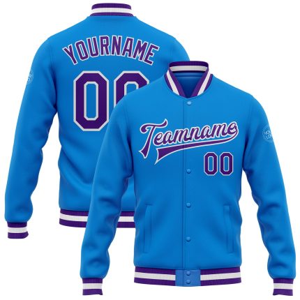 Electric Blue Purple White Personalized Varsity Letterman Bomber Full-Snap Jacket Personalized Electric Blue Purple-White