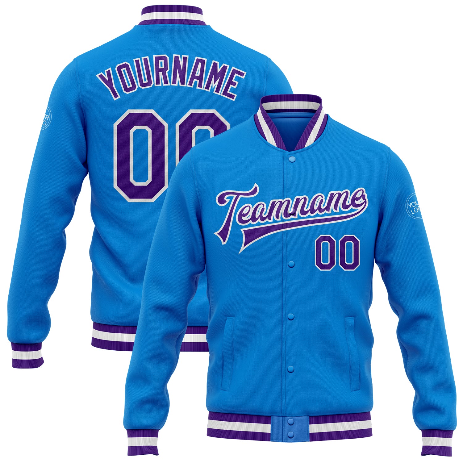 Custom Team Name Number Bomber Jacket Electric Blue Purple White Full-Snap Varsity Letterman Personalized Electric Blue Purple-White