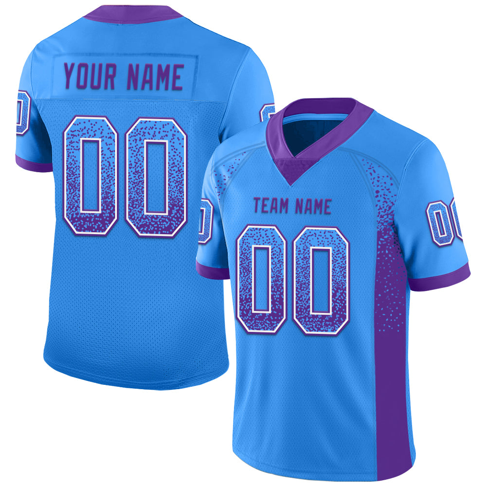 Custom Electric Blue Purple-White Mesh Drift Football Jersey with Personalized Name and Number Personalized Electric Blue