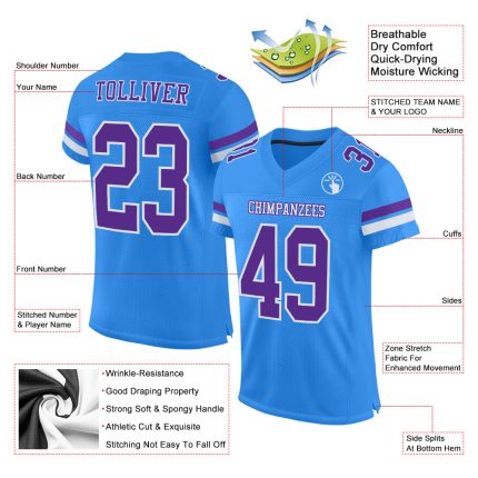 Personalized Electric Blue Purple White Football Jersey for Kids Size 2 Personalized Electric Blue Purple-White Mesh Football
