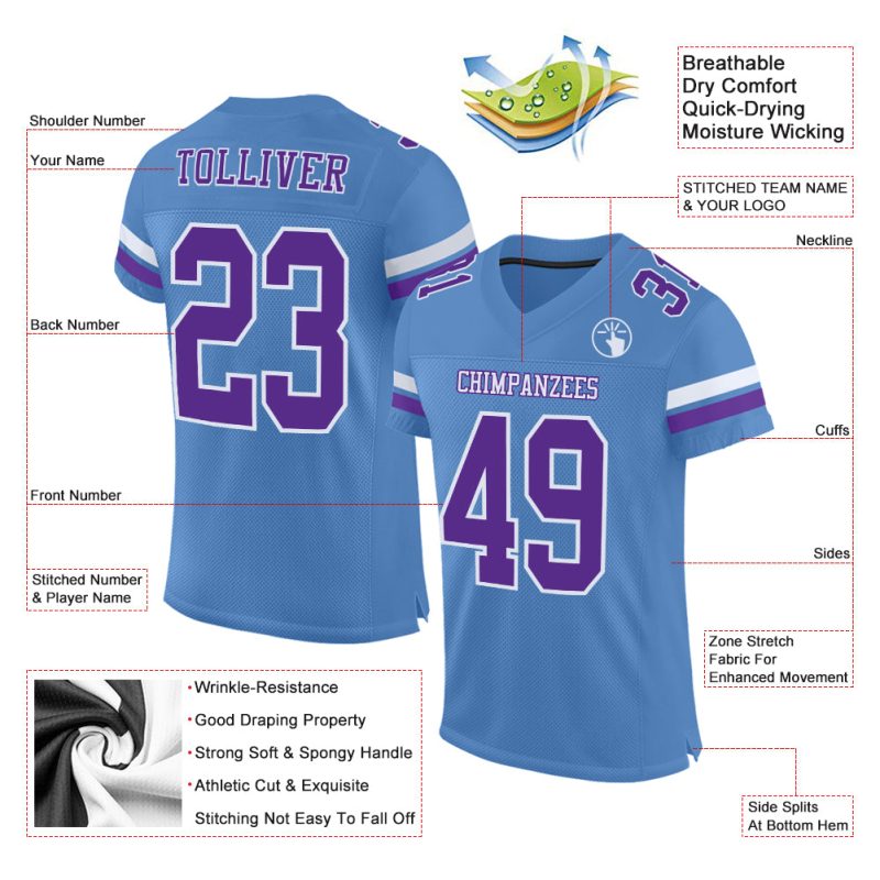 Personalized Electric Blue Purple White Football Jersey - Custom Mesh Jersey Personalized Electric Blue Purple-White Mesh