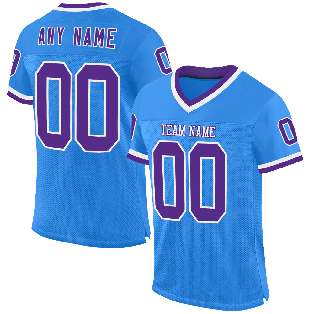 Personalized Electric Blue Purple White Throwback Football Jersey - Custom Sports Apparel Personalized Electric Blue Purple-White