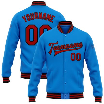 Customized Electric Blue Red-Black Varsity Letterman Bomber Jacket - Full-Snap Design Personalized Electric Blue Red-Black