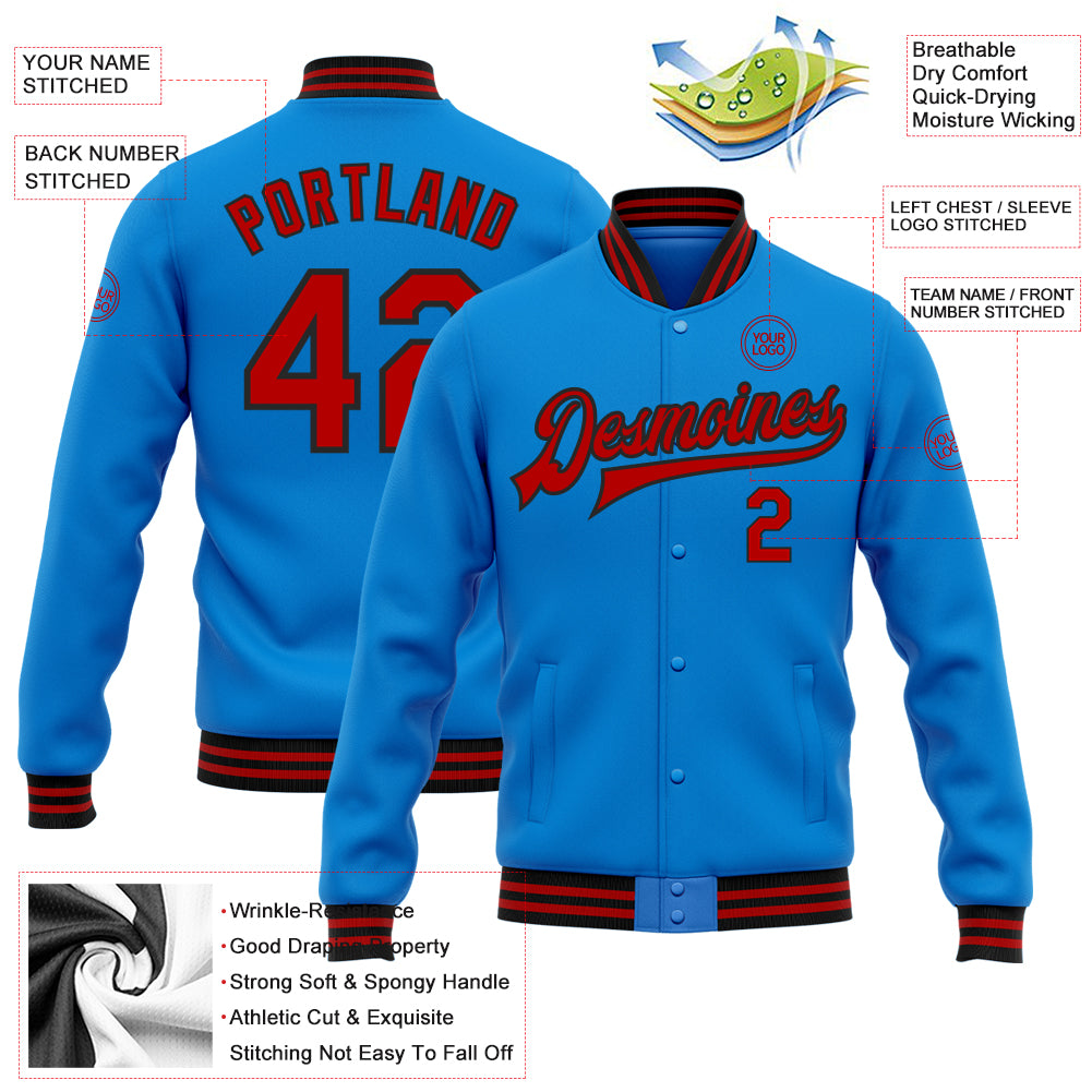 Customized Electric Blue Red-Black Varsity Letterman Bomber Jacket - Full-Snap Design Personalized Electric Blue Red-Black - Image 5