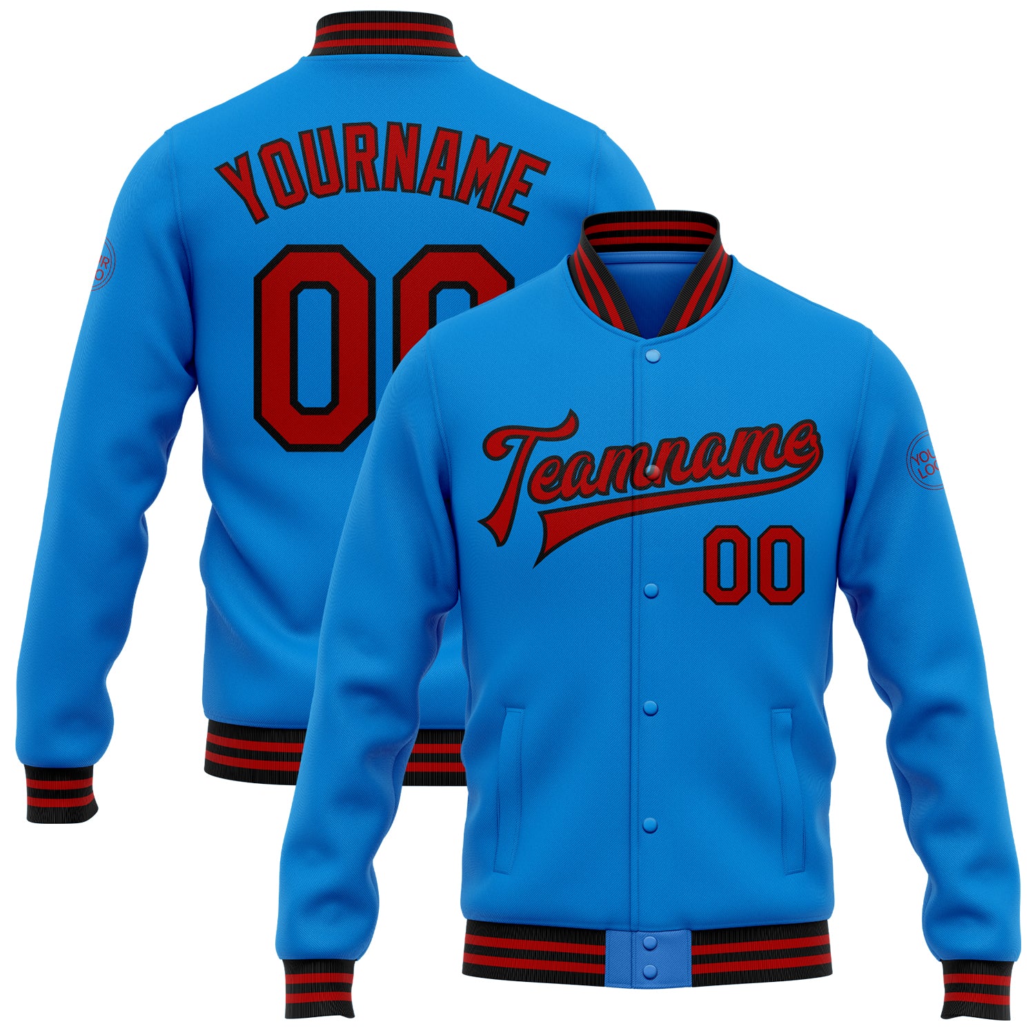 Custom Team Name Number Varsity Letterman Jacket Electric Blue Red-Black Full-Snap Bomber Personalized Electric Blue Red-Black