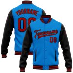 Electric Blue Red-Black Two Tone Personalized Varsity Letterman Bomber Full-Snap Jacket Personalized Electric Blue Red-Black