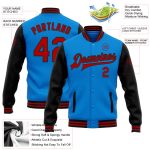 Electric Blue Red-Black Two Tone Personalized Varsity Letterman Bomber Full-Snap Jacket Personalized Electric Blue Red-Black