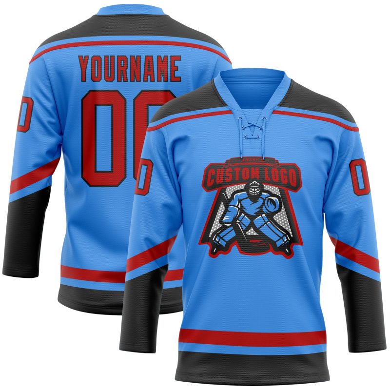 Personalized Electric Blue Red Black Hockey Jersey with Lace Neck Design Personalized Electric Blue Red-Black Hockey Lace