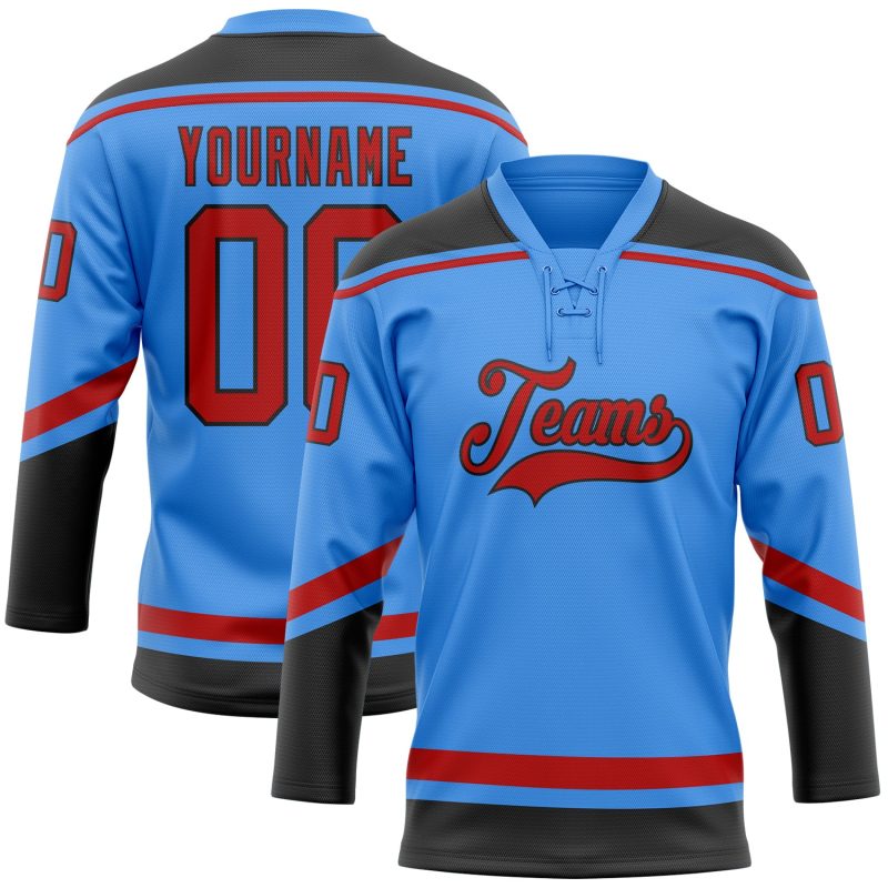 Personalized Electric Blue Red Black Hockey Jersey with Lace Neck Design Personalized Electric Blue Red-Black Hockey Lace