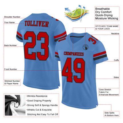 Custom Electric Blue Red-Black Mesh Football Jersey for Men and Women Personalized Electric Blue Red-Black Mesh Football