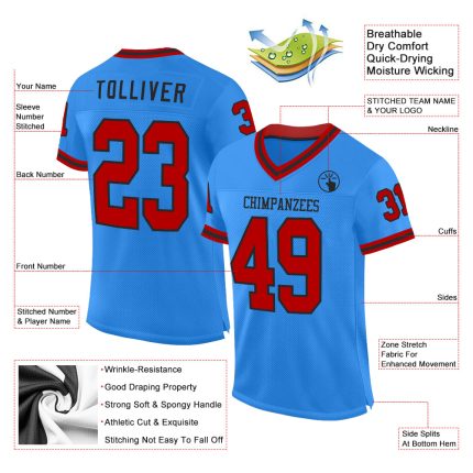 Personalized Throwback Football Jersey in Electric Blue Red-Black Mesh Personalized Electric Blue Red-Black Mesh Throwback