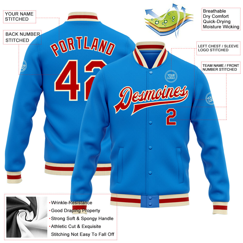 Electric Blue Red-Cream Personalized Varsity Letterman Full-Snap Bomber Jacket Personalized Electric Blue Red-Cream Bomber - Image 5