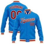 Electric Blue Red-Cream Personalized Varsity Letterman Full-Snap Bomber Jacket Personalized Electric Blue Red-Cream Bomber