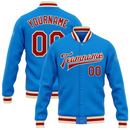Electric Blue Red-Cream Personalized Varsity Letterman Full-Snap Bomber Jacket Personalized Electric Blue Red-Cream Bomber