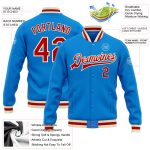 Custom Team Name Number Varsity Letterman Jacket Electric Blue Red-Cream Personalized Full-Snap Bomber Personalized Electric