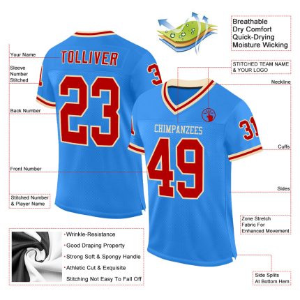 Personalized Electric Blue Red Cream Football Jersey - Retro Mesh Style Personalized Electric Blue Red-Cream Mesh Throwback