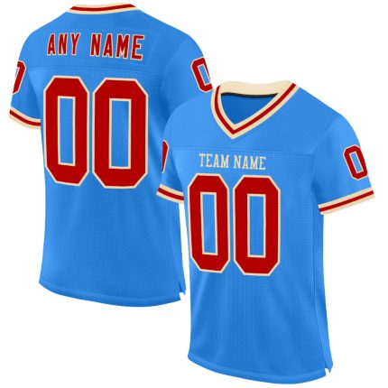 Personalized Electric Blue Red Cream Football Jersey - Retro Mesh Style Personalized Electric Blue Red-Cream Mesh Throwback
