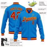 Personalized Electric Blue Red Gold Varsity Jacket Full-Snap Bomber Letterman Personalized Electric Blue Red-Gold Bomber