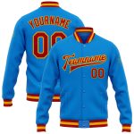 Personalized Electric Blue Red Gold Varsity Jacket Full-Snap Bomber Letterman Personalized Electric Blue Red-Gold Bomber